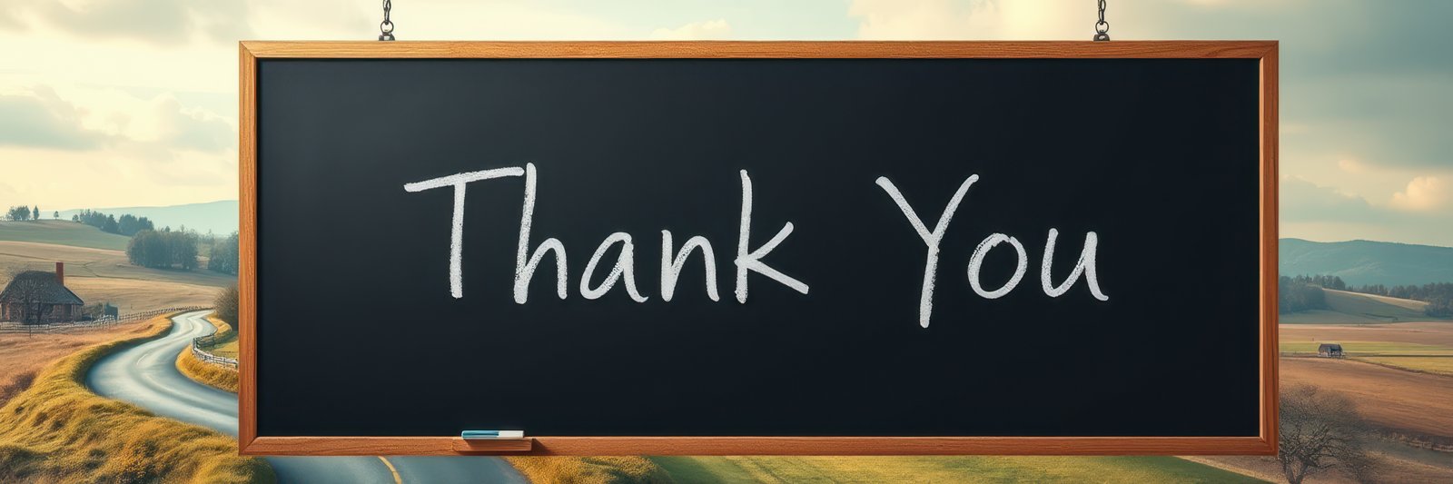 Thank you message displayed on a chalkboard in a scenic landscape with rolling hills and a winding road